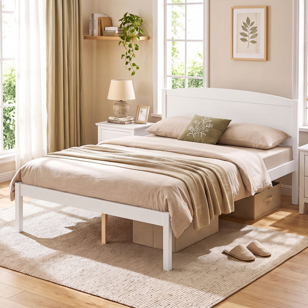 Full Size Wooden Platform Bed Frame with Curved Headboard-White