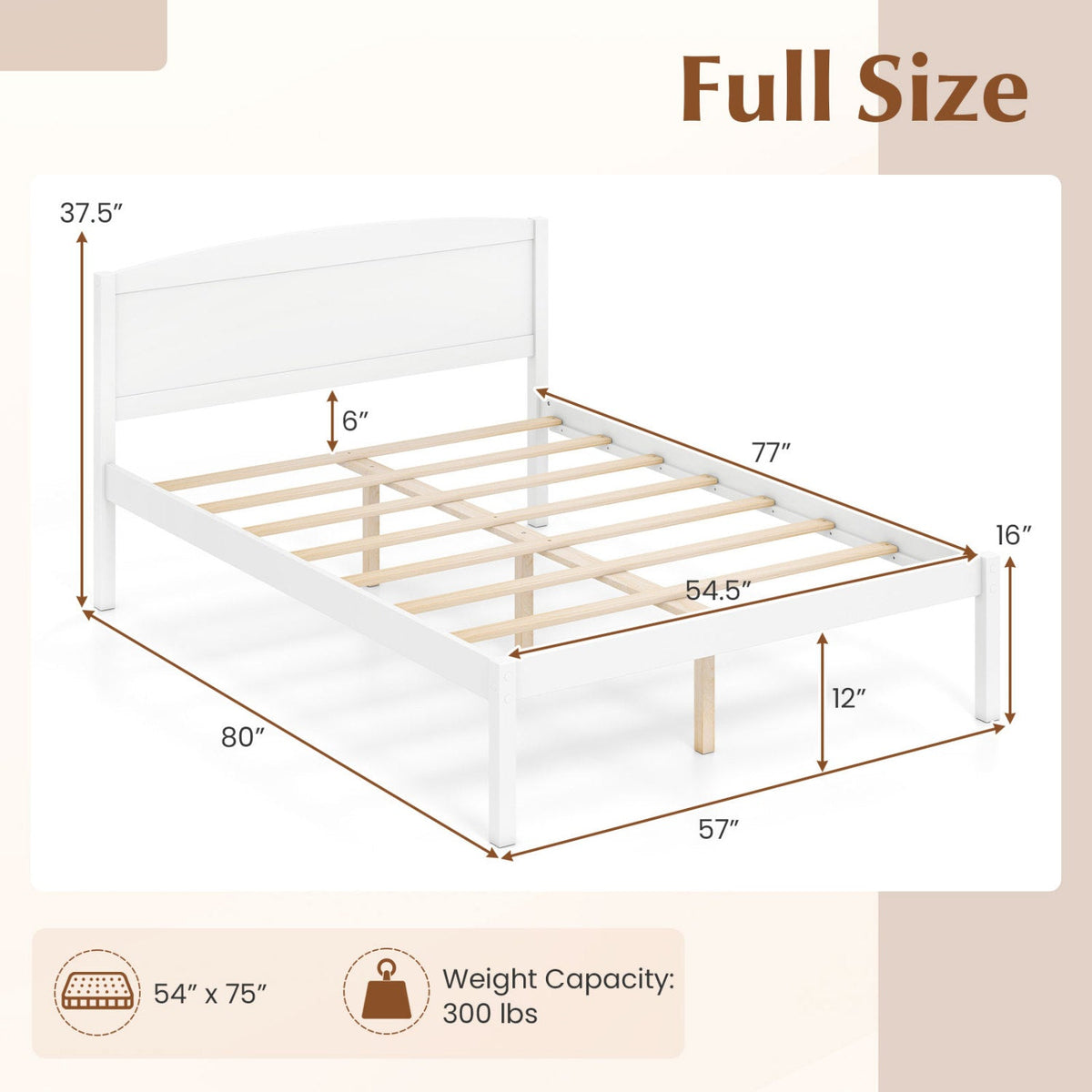 Full Size Wooden Platform Bed Frame with Curved Headboard-White