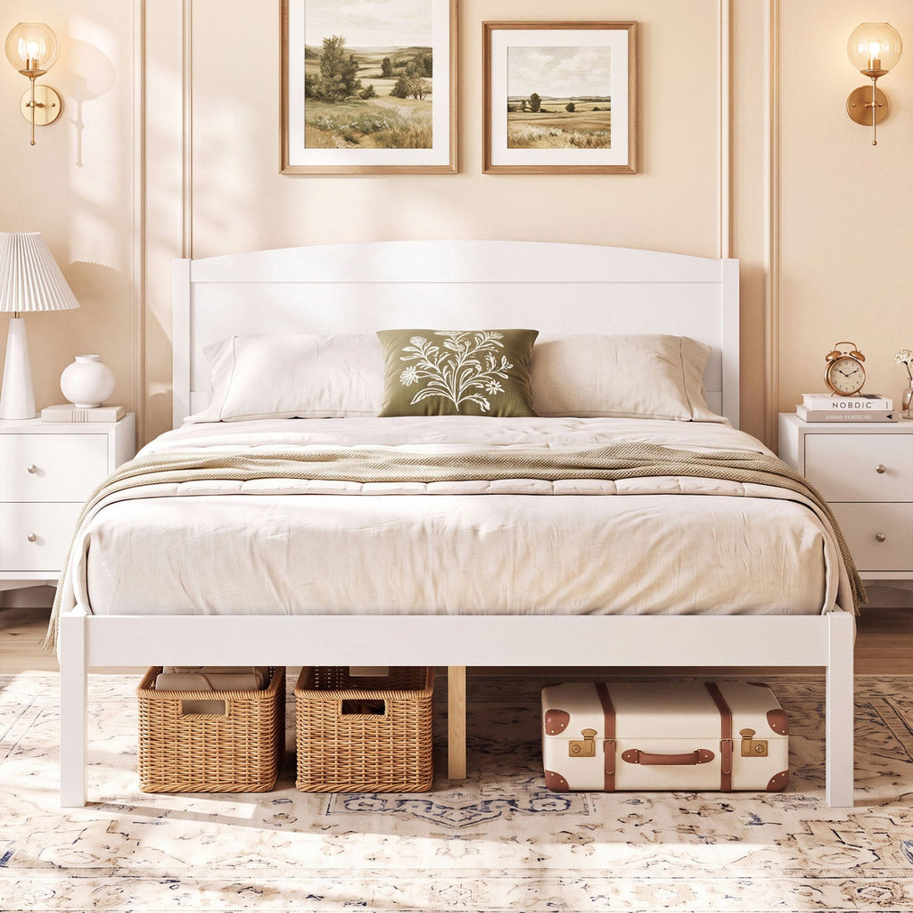 Full Size Wooden Platform Bed Frame with Curved Headboard-White