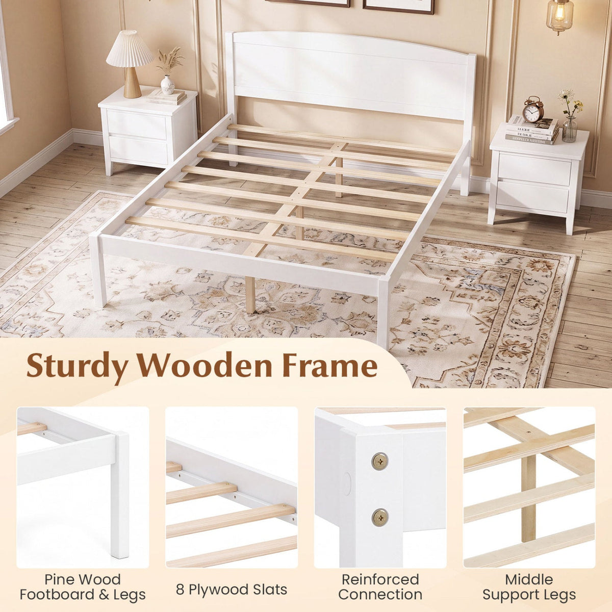 Full Size Wooden Platform Bed Frame with Curved Headboard-White