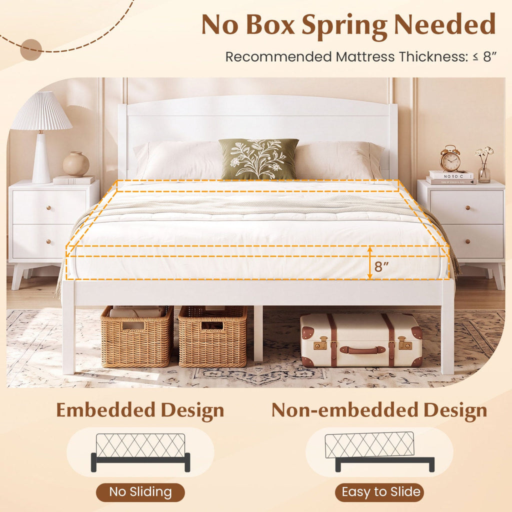 Full Size Wooden Platform Bed Frame with Curved Headboard-White