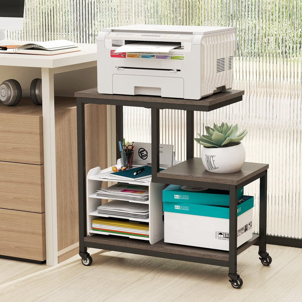 G-shaped Side Table 3-Tier Mobile End Table with Open Shelves-Gray