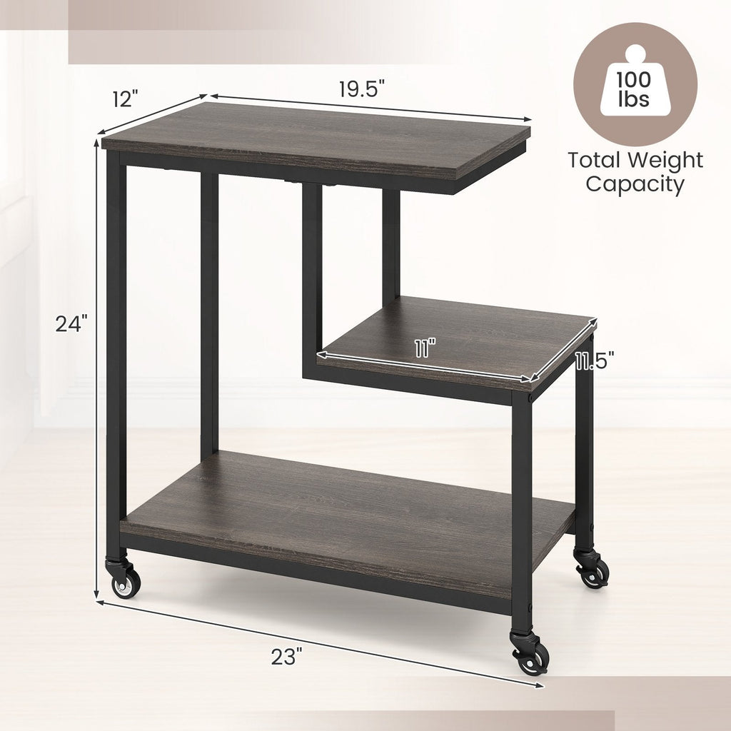 G-shaped Side Table 3-Tier Mobile End Table with Open Shelves-Gray