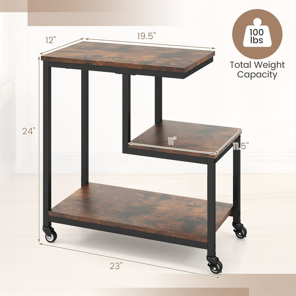 G-shaped Side Table 3-Tier Mobile End Table with Open Shelves-Rustic Brown