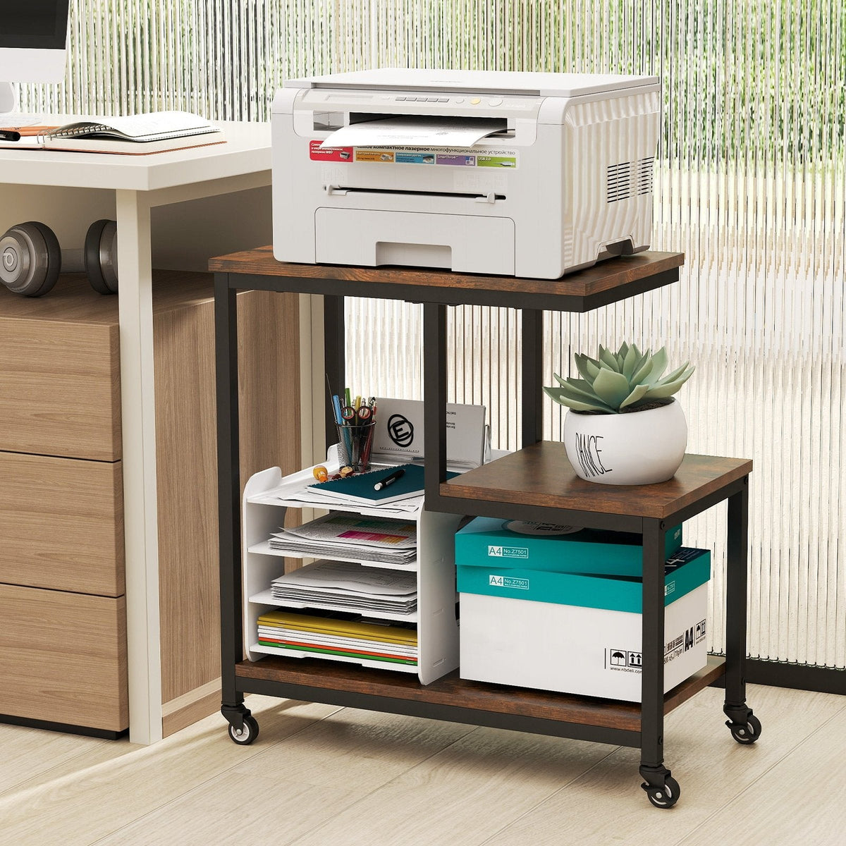 G-shaped Side Table 3-Tier Mobile End Table with Open Shelves-Rustic Brown
