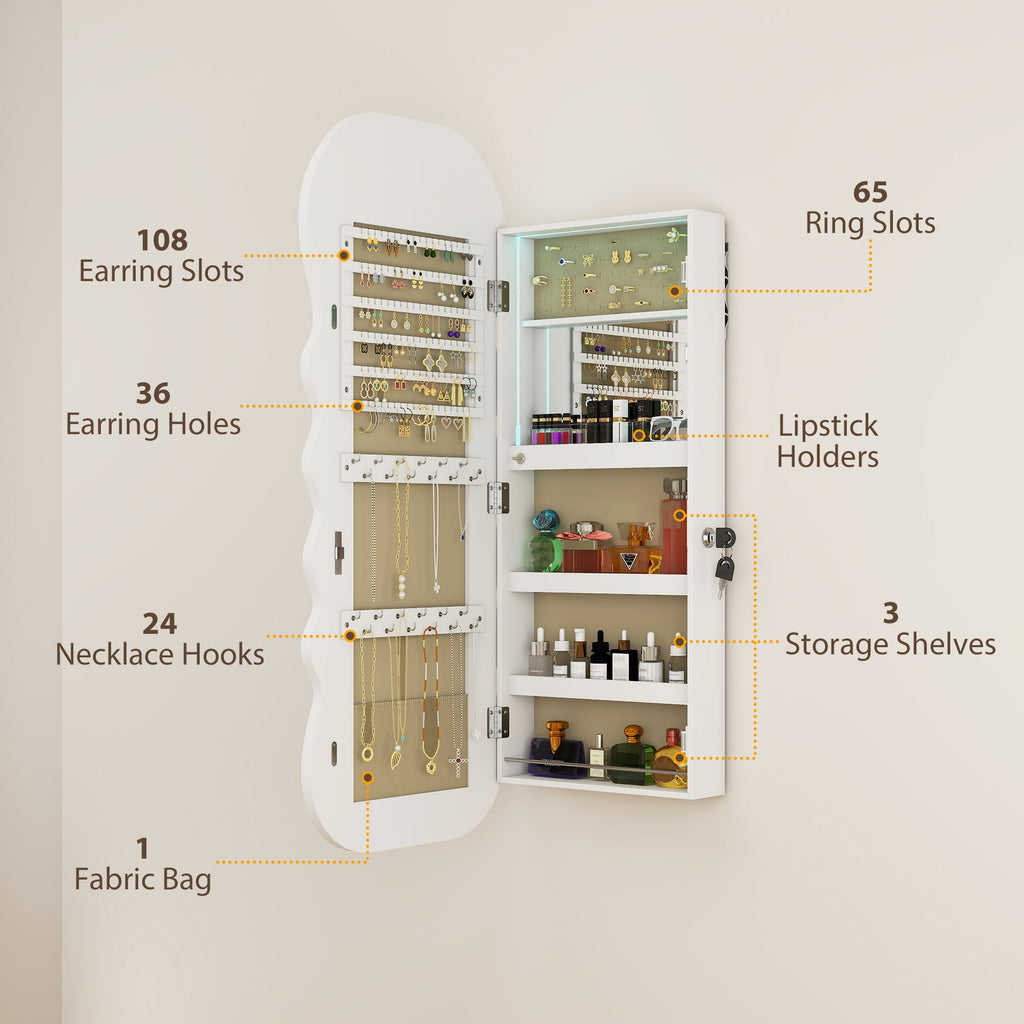 Jewelry Armoire Cabinet with Lights, Wall Mounted or Door Hanging Mirror Jewelry Cabinet with Full Length Mirror, White