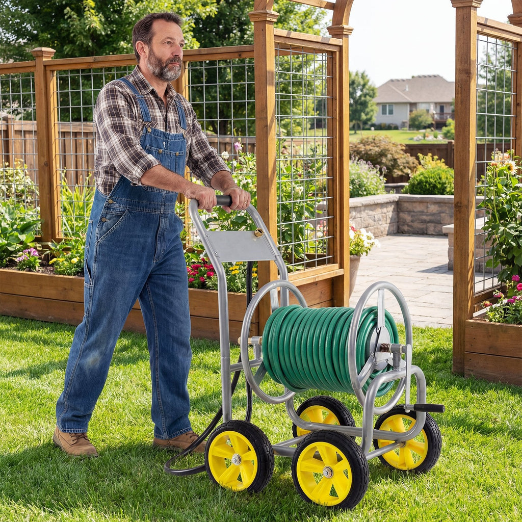Garden Hose Reel Cart 4 Wheels Heavy-Duty Metal Water Hose Organizer Portable-Silver