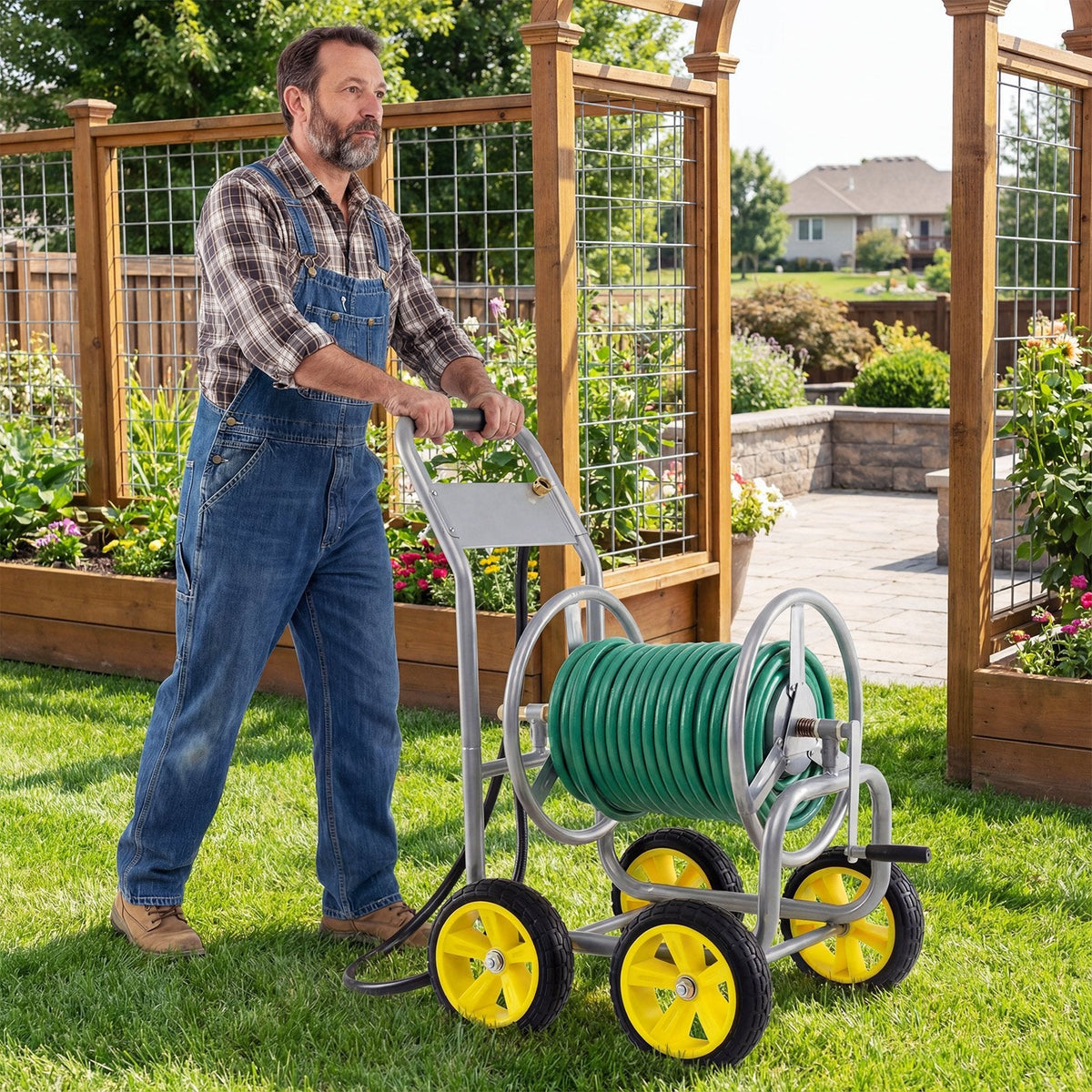 Garden Hose Reel Cart 4 Wheels Heavy-Duty Metal Water Hose Organizer Portable-Silver