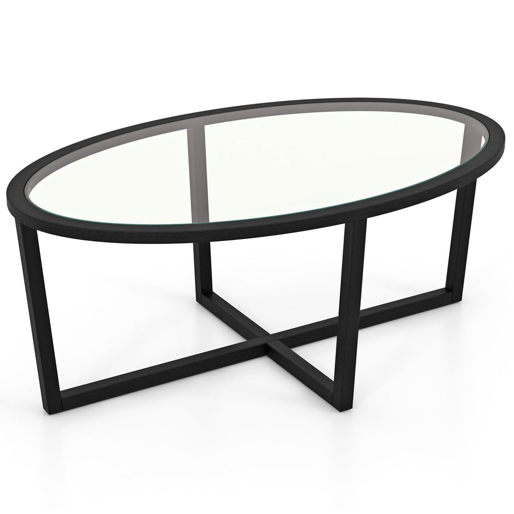 Oval Glass Coffee Table with Cross Base and Acacia Wood Legs, Black