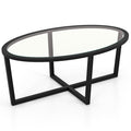 Oval Glass Coffee Table with Cross Base and Acacia Wood Legs, Black