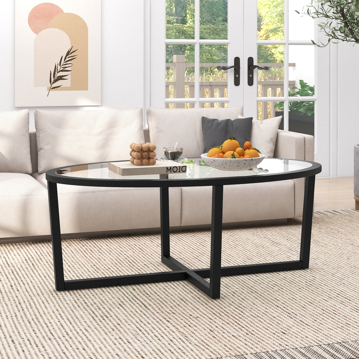 Oval Glass Coffee Table with Cross Base and Acacia Wood Legs, Black