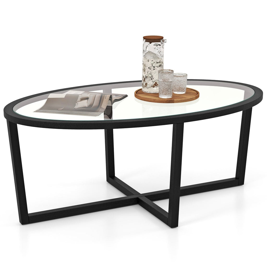 Oval Glass Coffee Table with Cross Base and Acacia Wood Legs, Black