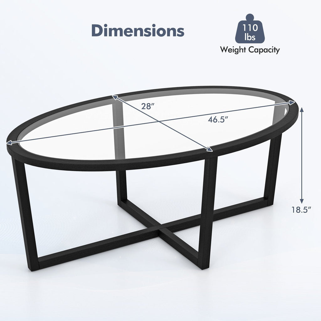 Oval Glass Coffee Table with Cross Base and Acacia Wood Legs, Black