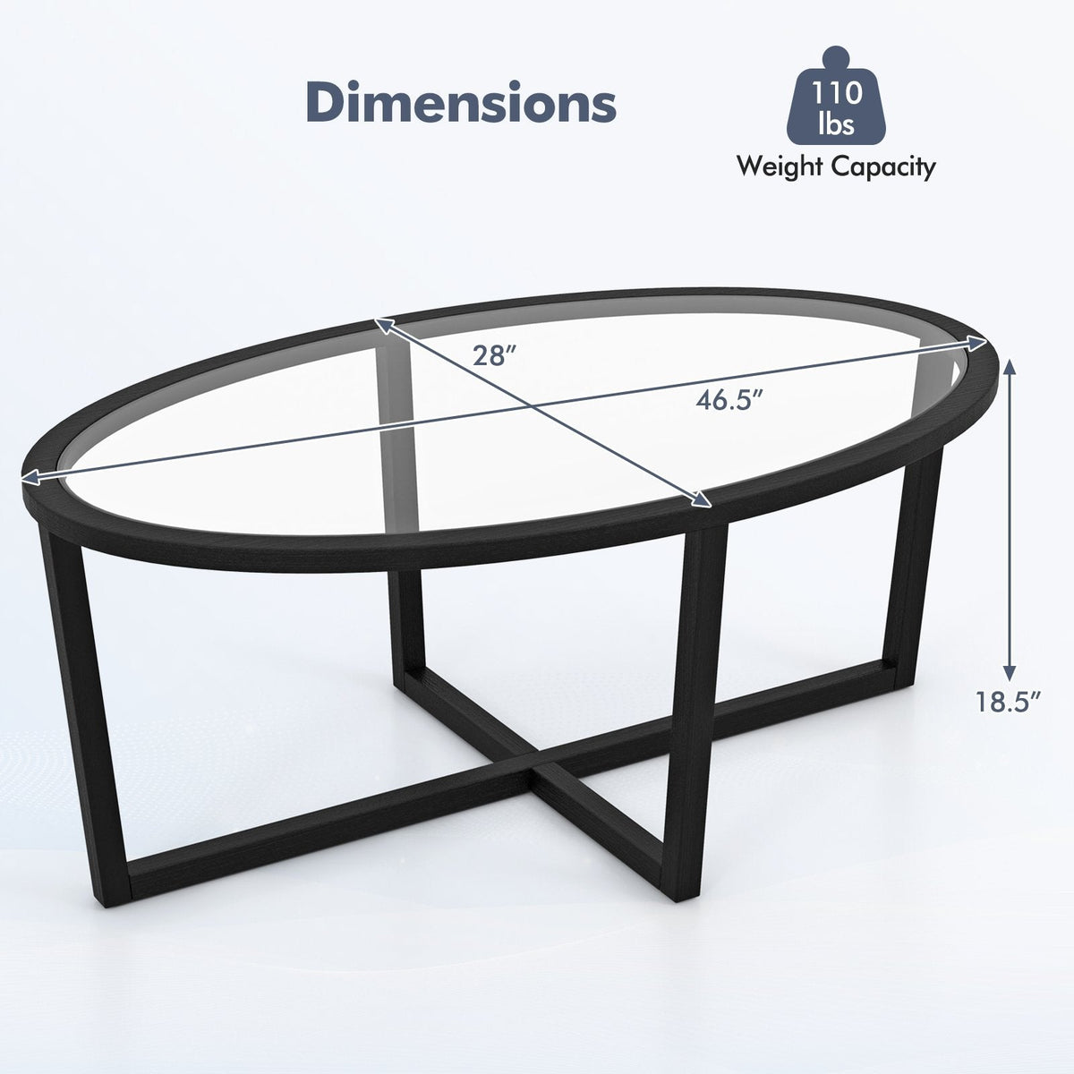 Oval Glass Coffee Table with Cross Base and Acacia Wood Legs, Black