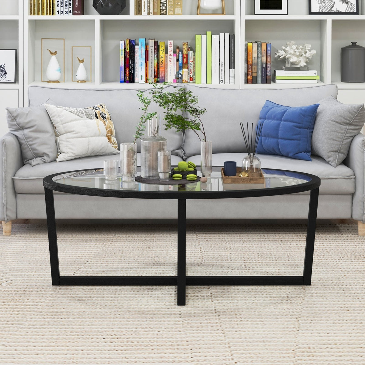 Oval Glass Coffee Table with Cross Base and Acacia Wood Legs, Black