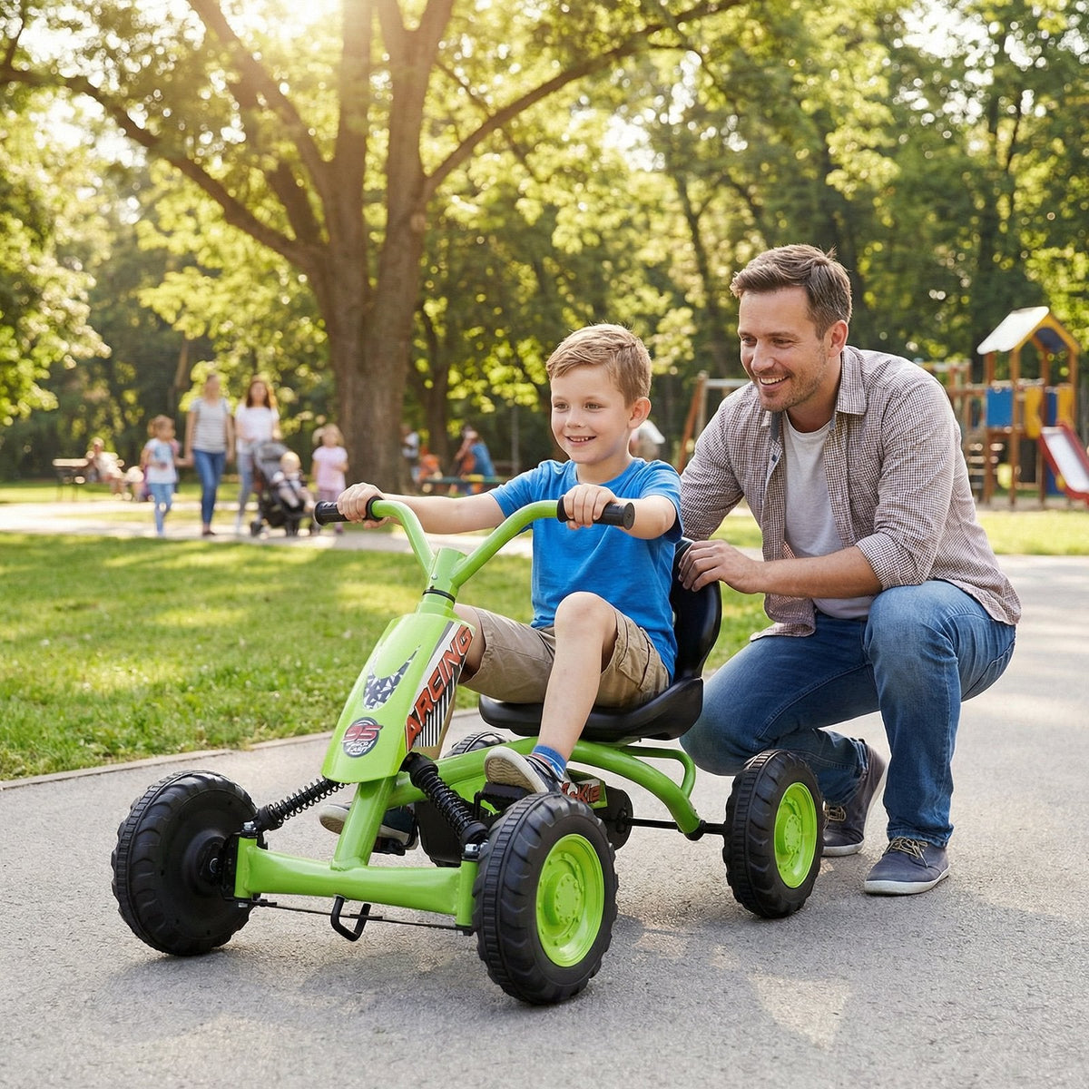 Go Kart for Kids 4 Wheel with Steering Handlebars and Adjustable Seat-Green