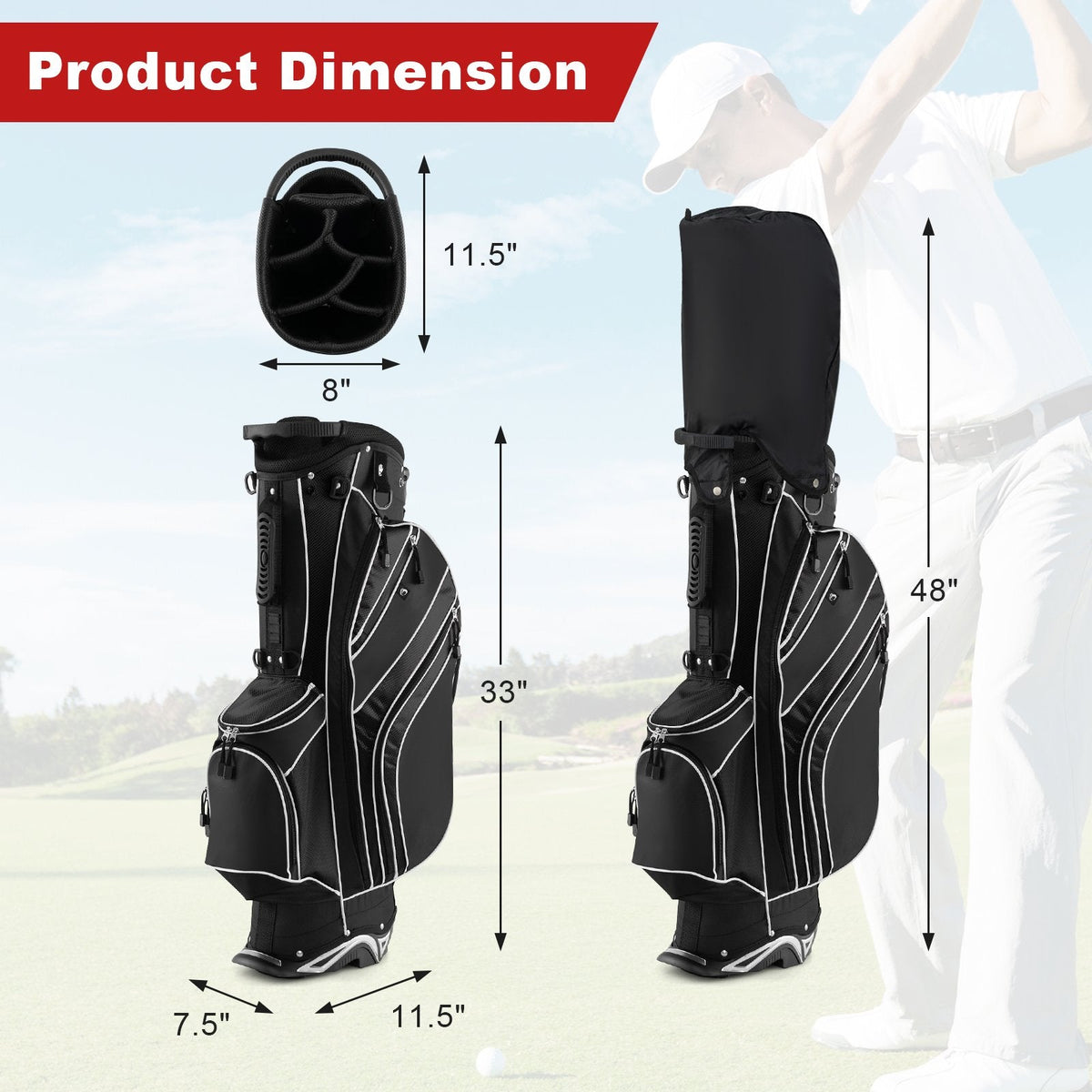 Golf Stand Cart Bag with 6-Way Divider Carry Pockets-Black