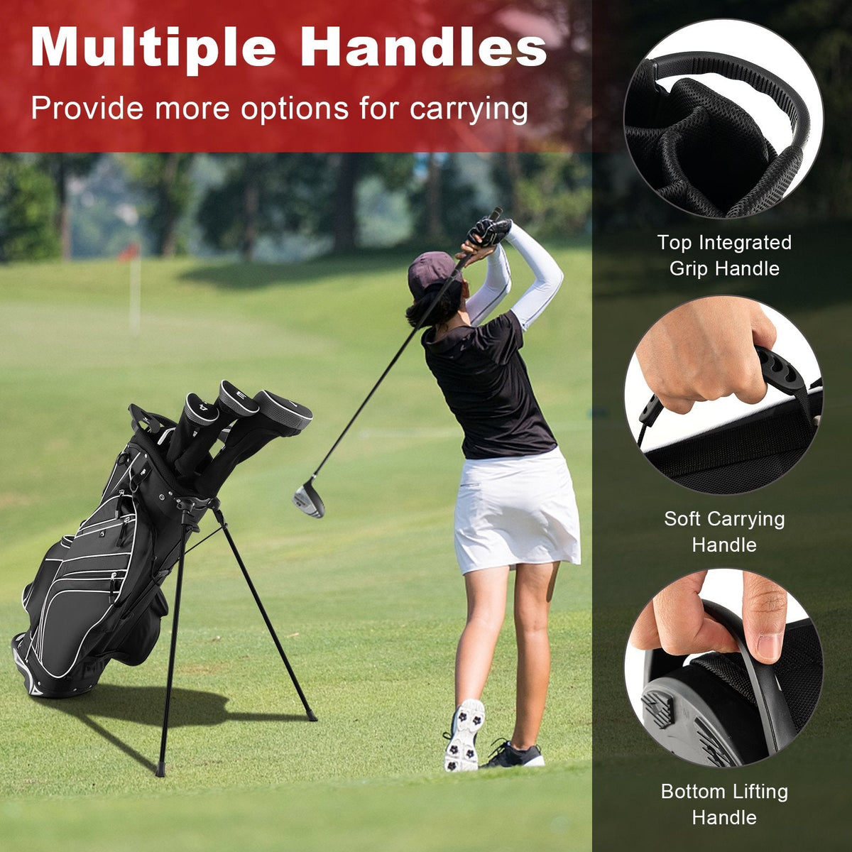 Golf Stand Cart Bag with 6-Way Divider Carry Pockets-Black