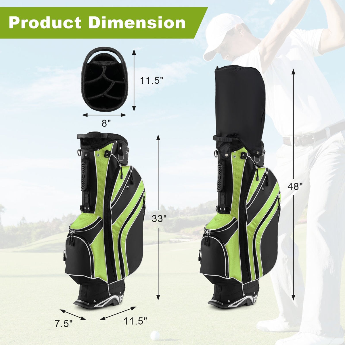 Golf Stand Cart Bag with 6 Way Divider Carry Pockets-Green