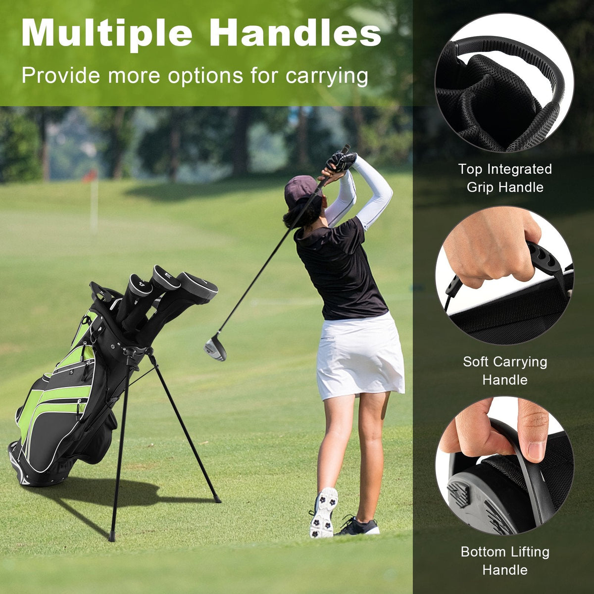 Golf Stand Cart Bag with 6 Way Divider Carry Pockets-Green