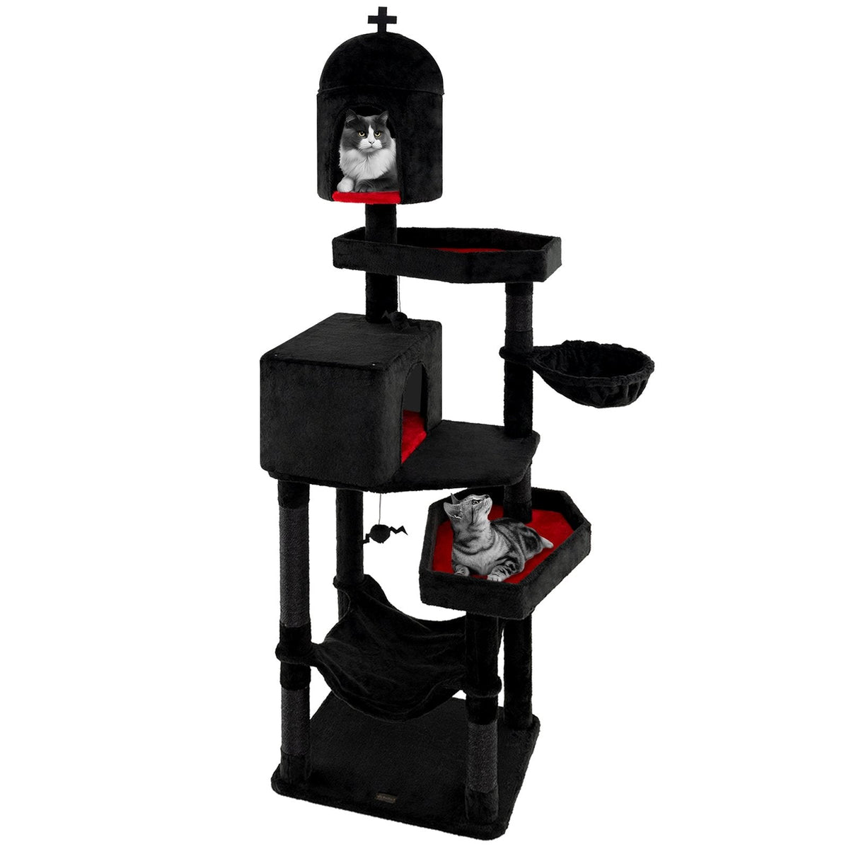 83 Inch Gothic Cat Tree with a Castle Turret, Two Coffin Beds and a Hammock