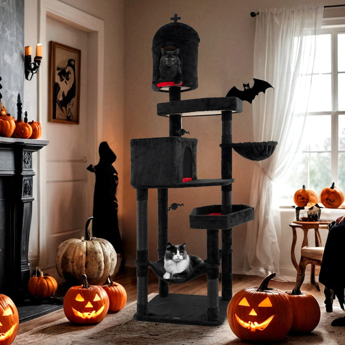 83 Inch Gothic Cat Tree with a Castle Turret, Two Coffin Beds and a Hammock
