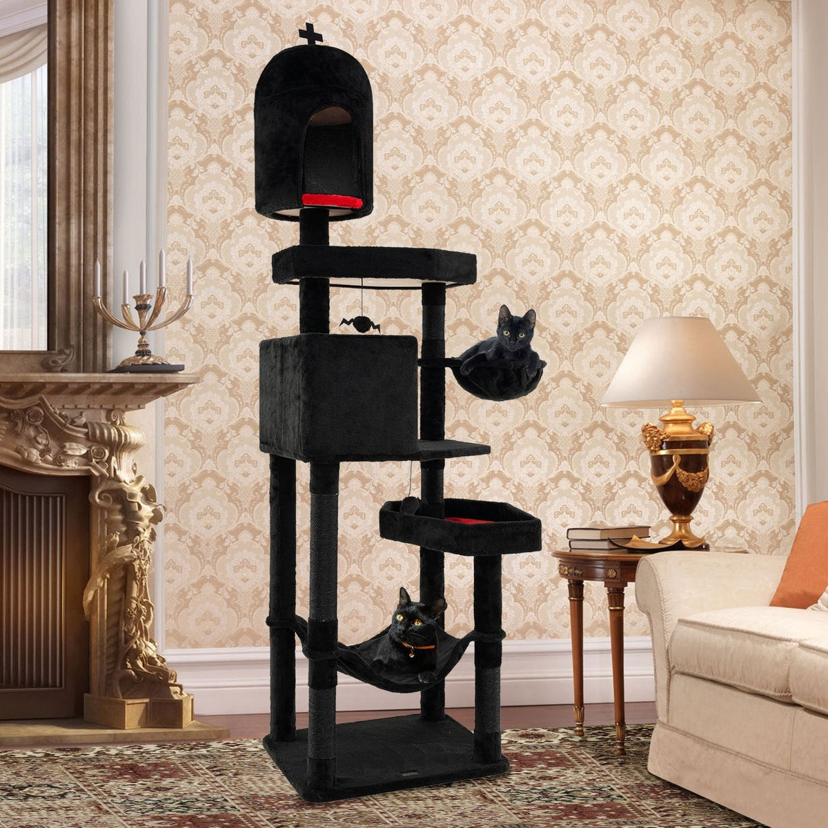 83 Inch Gothic Cat Tree with a Castle Turret, Two Coffin Beds and a Hammock