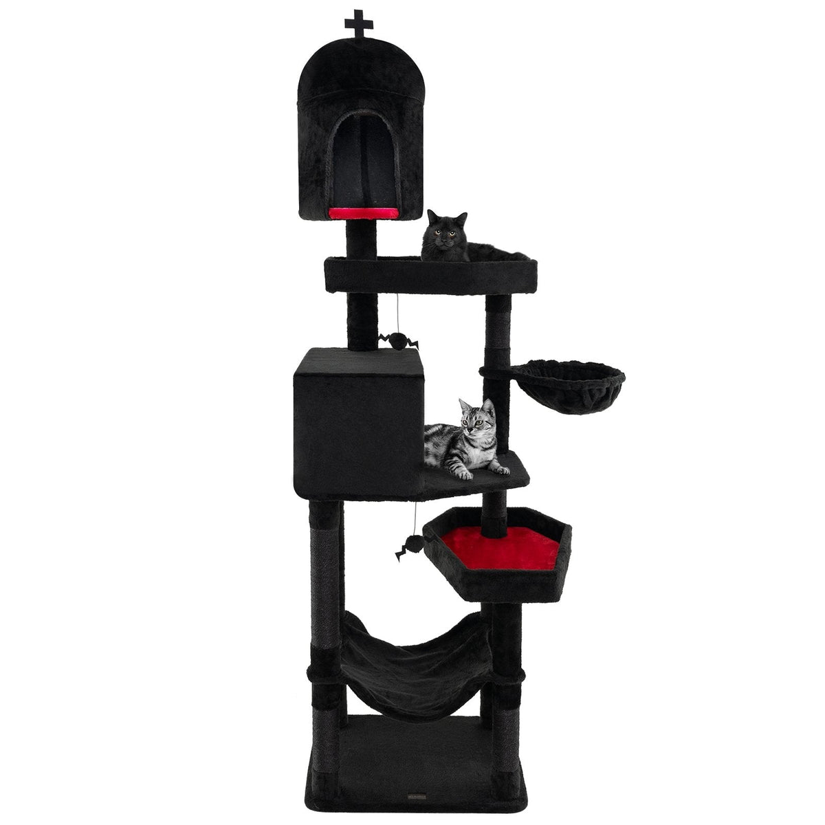 83 Inch Gothic Cat Tree with a Castle Turret, Two Coffin Beds and a Hammock