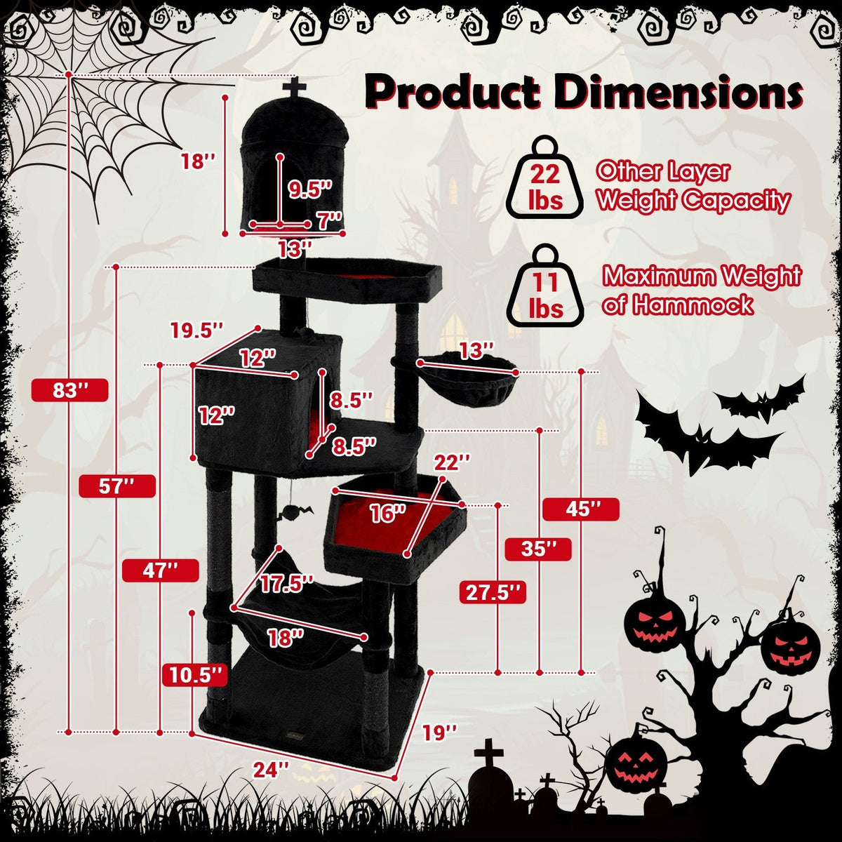 83 Inch Gothic Cat Tree with a Castle Turret, Two Coffin Beds and a Hammock
