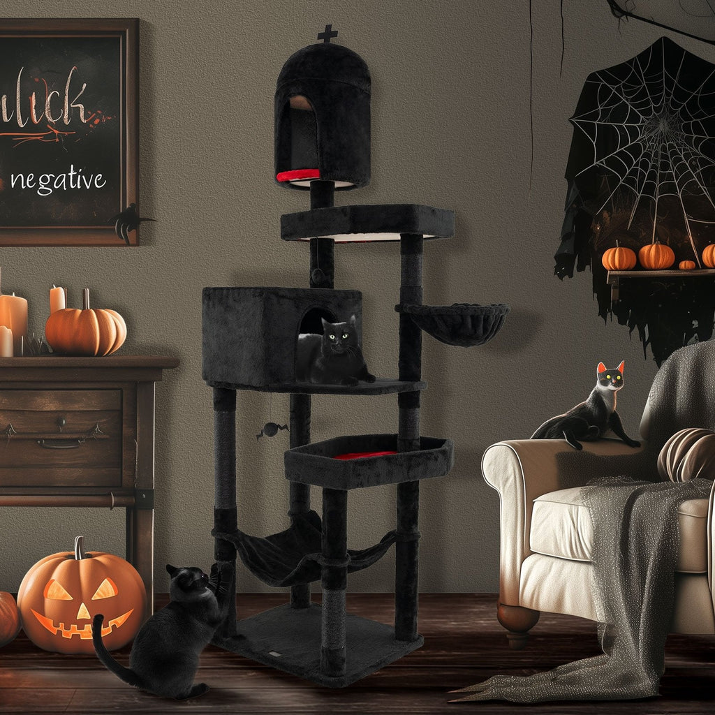 83 Inch Gothic Cat Tree with a Castle Turret, Two Coffin Beds and a Hammock