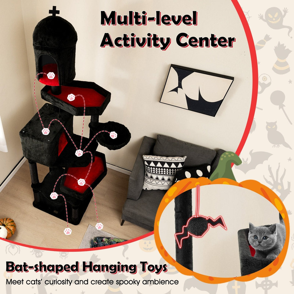 83 Inch Gothic Cat Tree with a Castle Turret, Two Coffin Beds and a Hammock