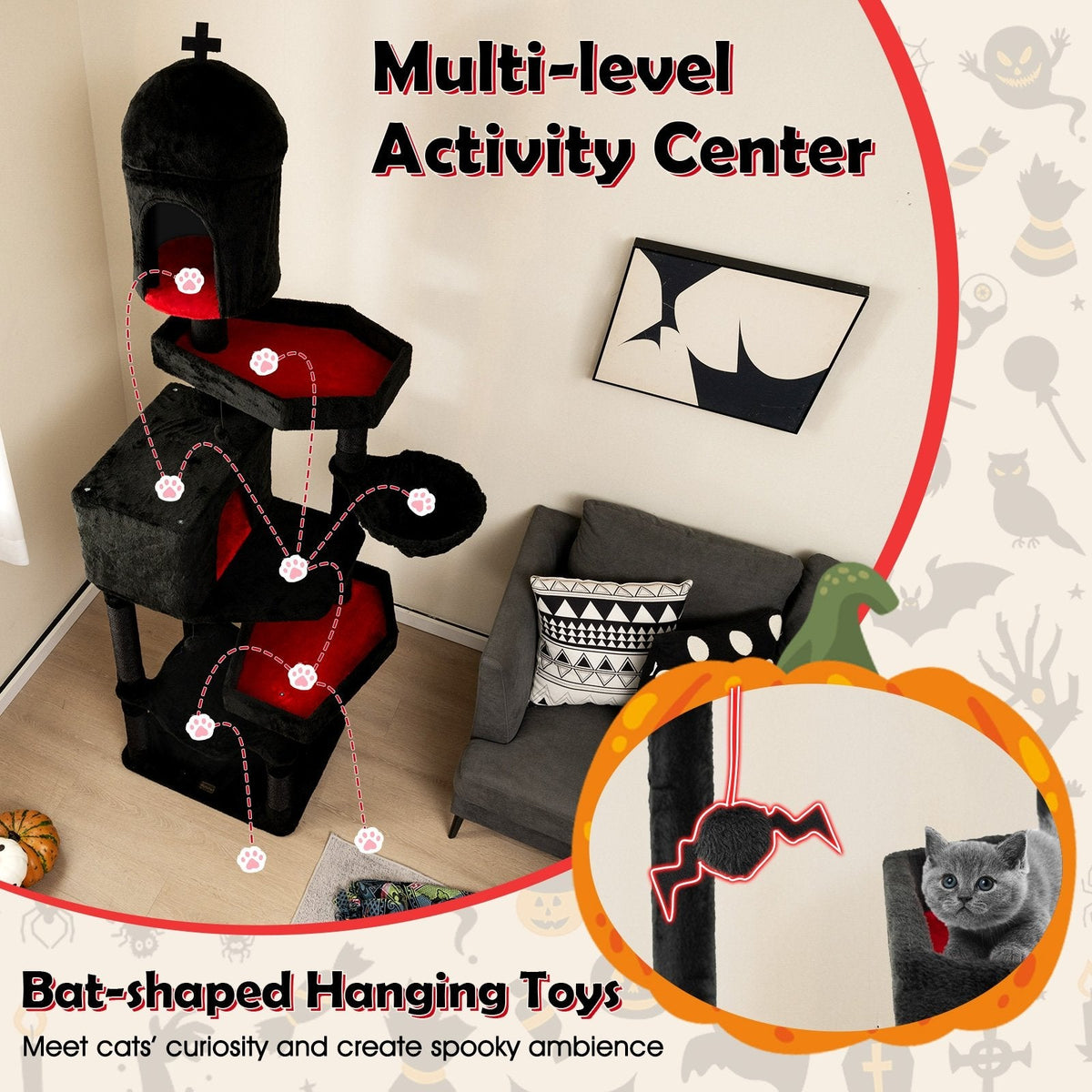 83 Inch Gothic Cat Tree with a Castle Turret, Two Coffin Beds and a Hammock