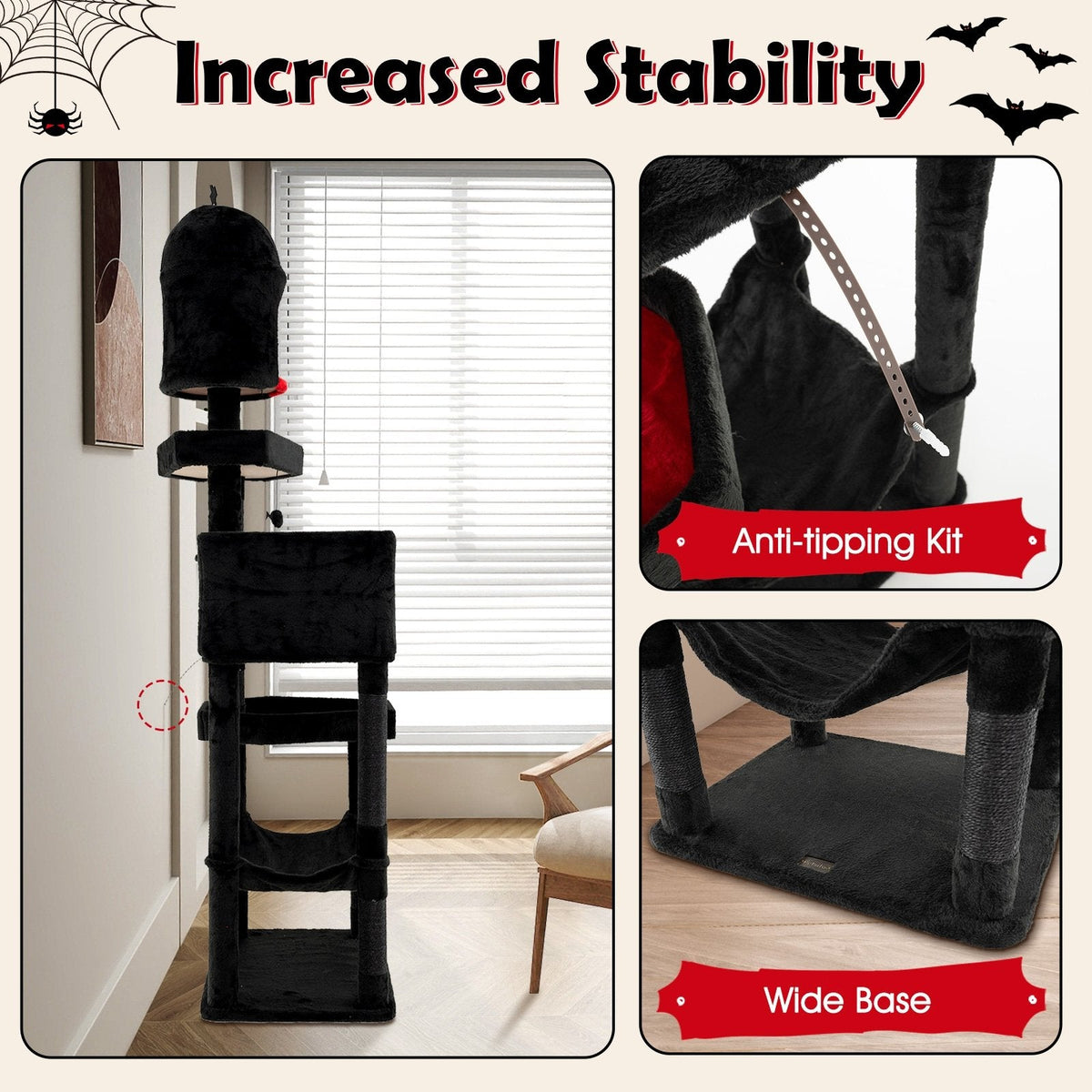 83 Inch Gothic Cat Tree with a Castle Turret, Two Coffin Beds and a Hammock
