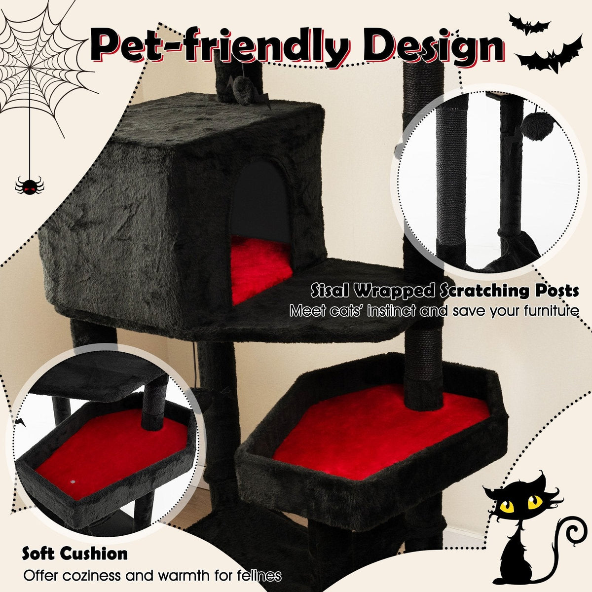 83 Inch Gothic Cat Tree with a Castle Turret, Two Coffin Beds and a Hammock