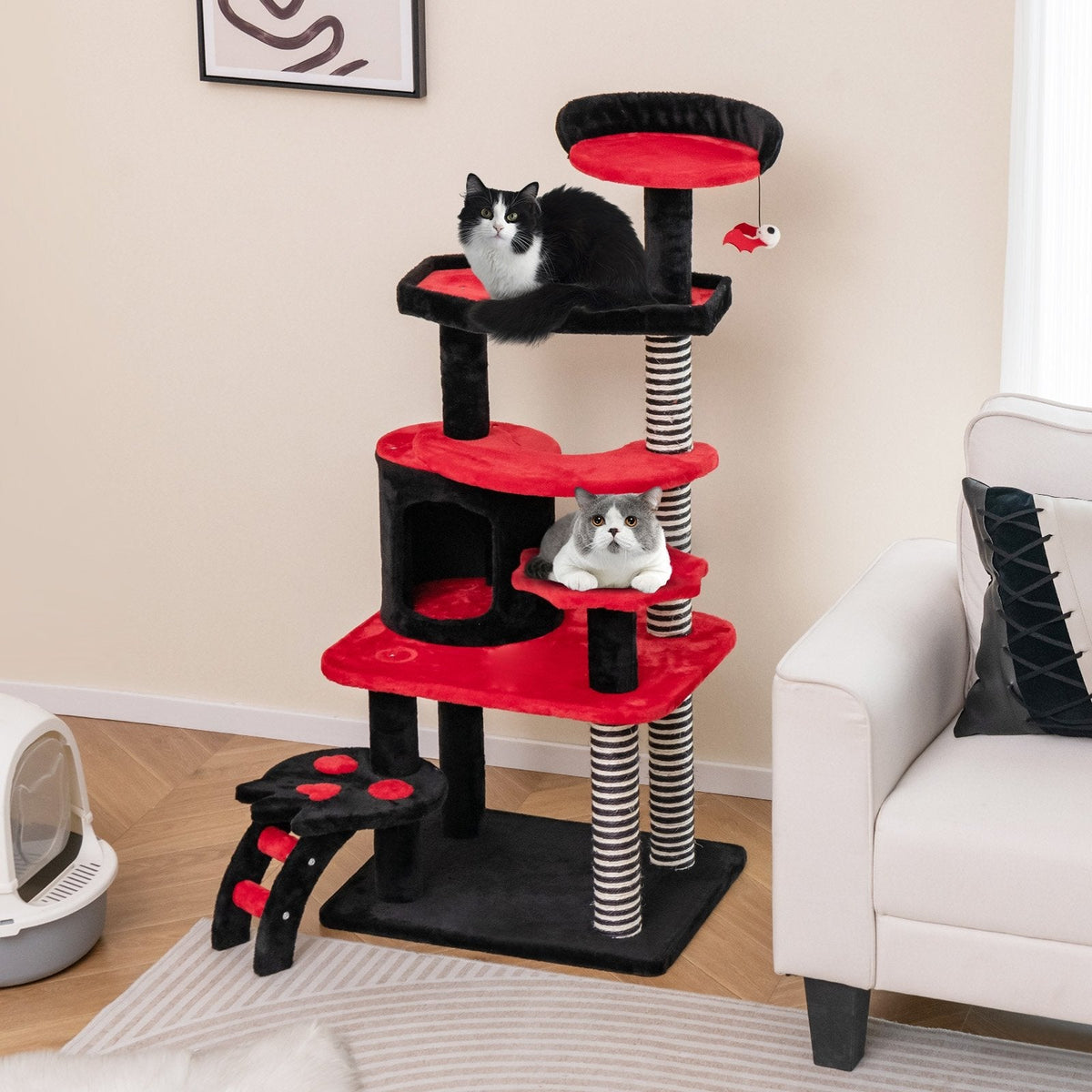 52 Inch Gothic Cat Tree with Striped Sisal Posts and a Railed Cat Bed