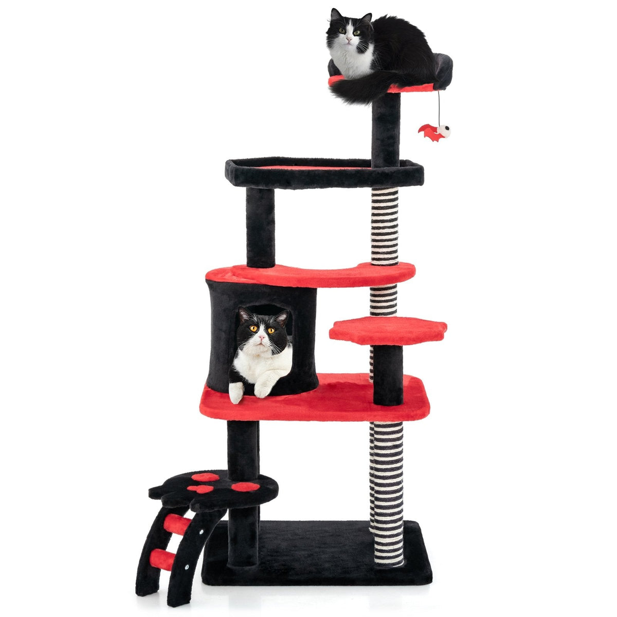 52 Inch Gothic Cat Tree with Striped Sisal Posts and a Railed Cat Bed