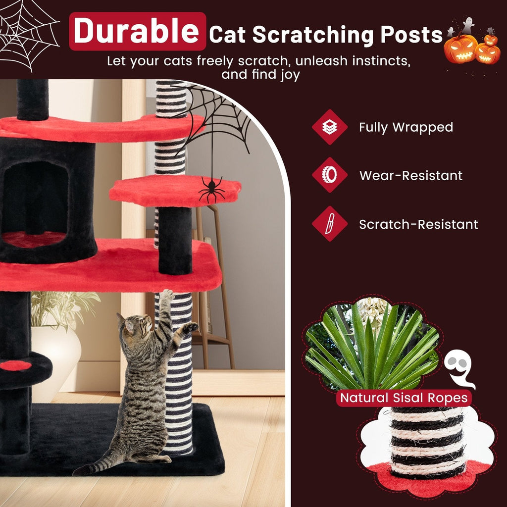 52 Inch Gothic Cat Tree with Striped Sisal Posts and a Railed Cat Bed