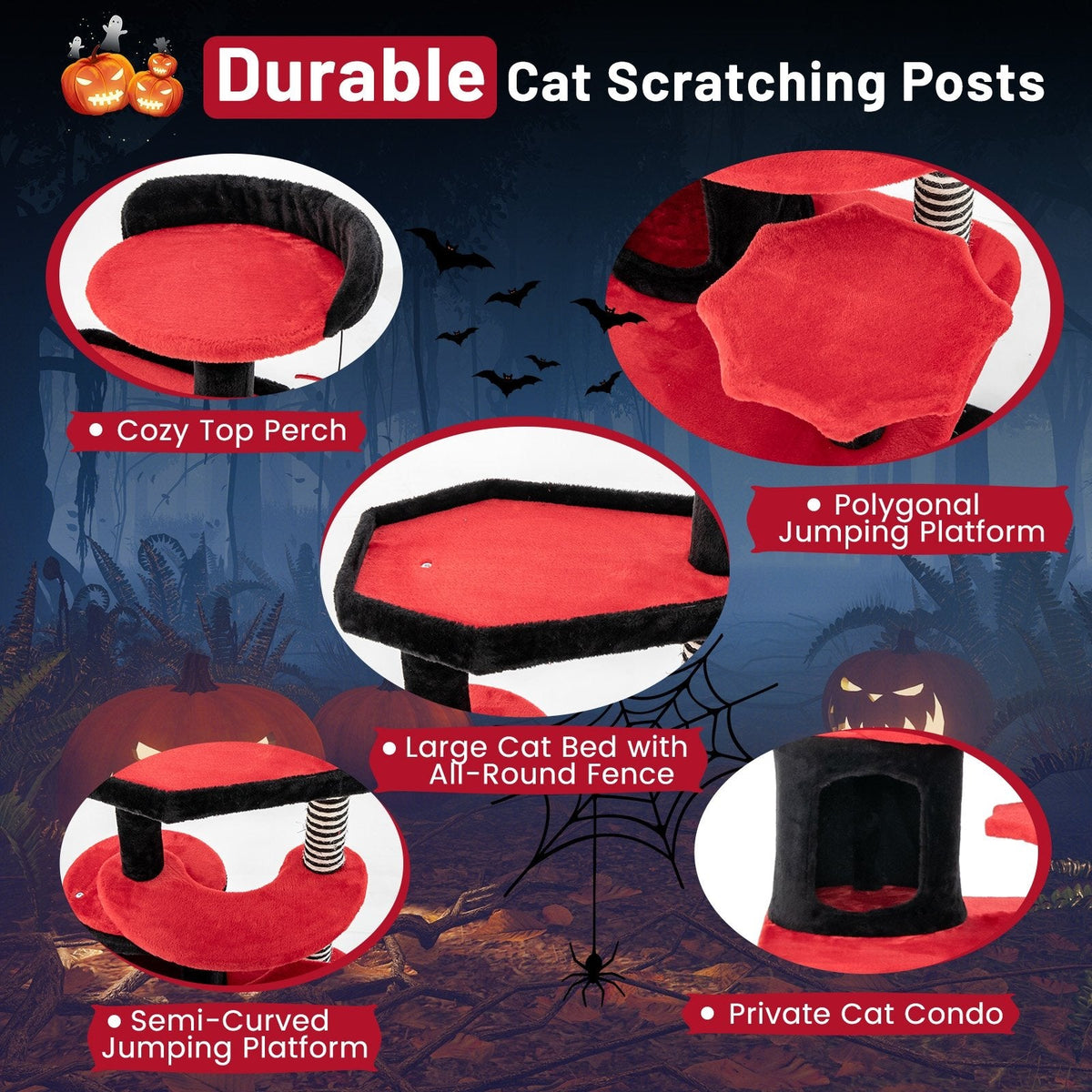 52 Inch Gothic Cat Tree with Striped Sisal Posts and a Railed Cat Bed