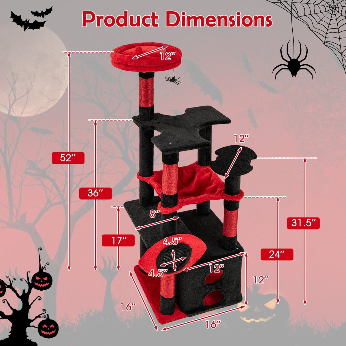 52 Inch Gothic Cat Tree with a Devil Eye Sisal Board and a Wide Hammock