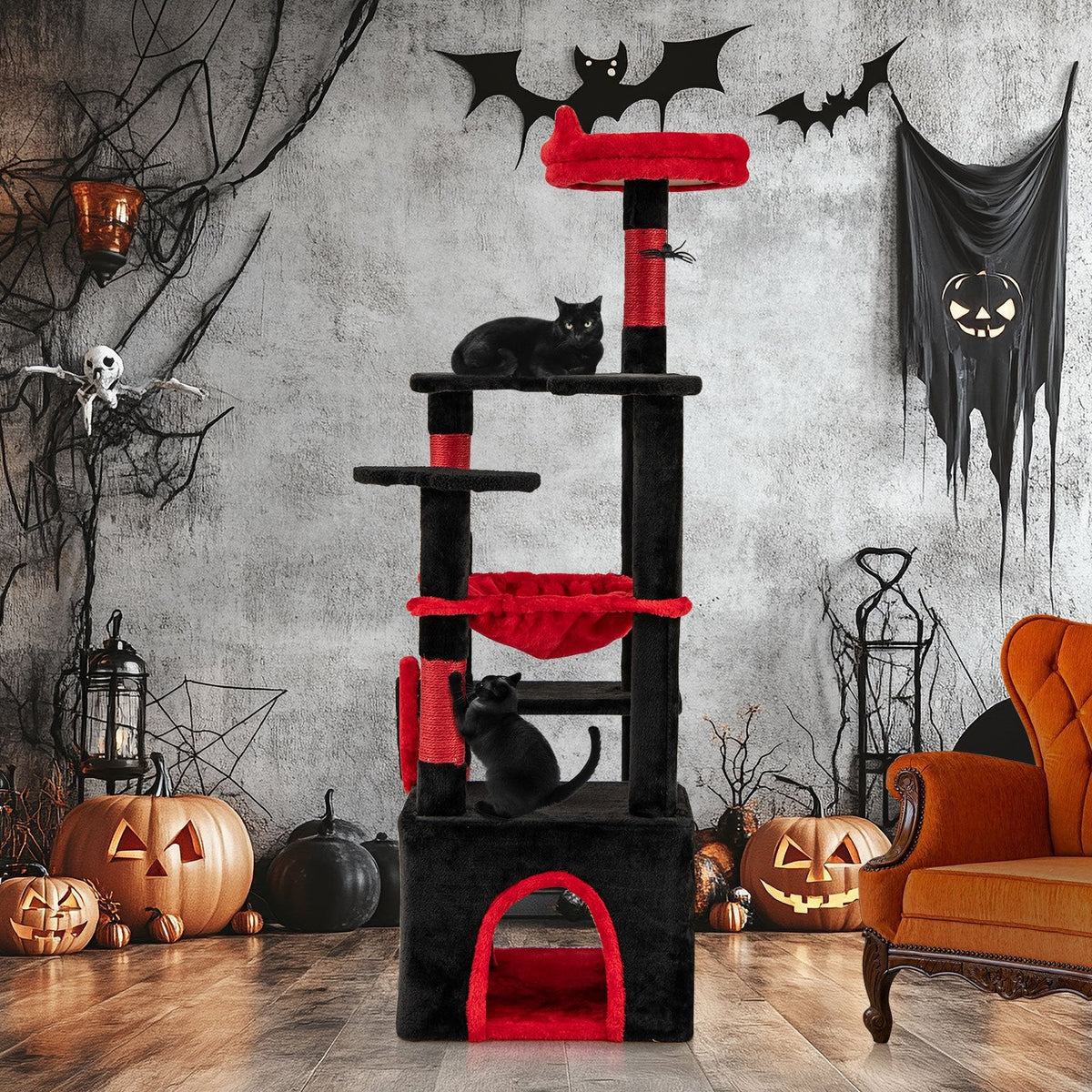 52 Inch Gothic Cat Tree with a Devil Eye Sisal Board and a Wide Hammock