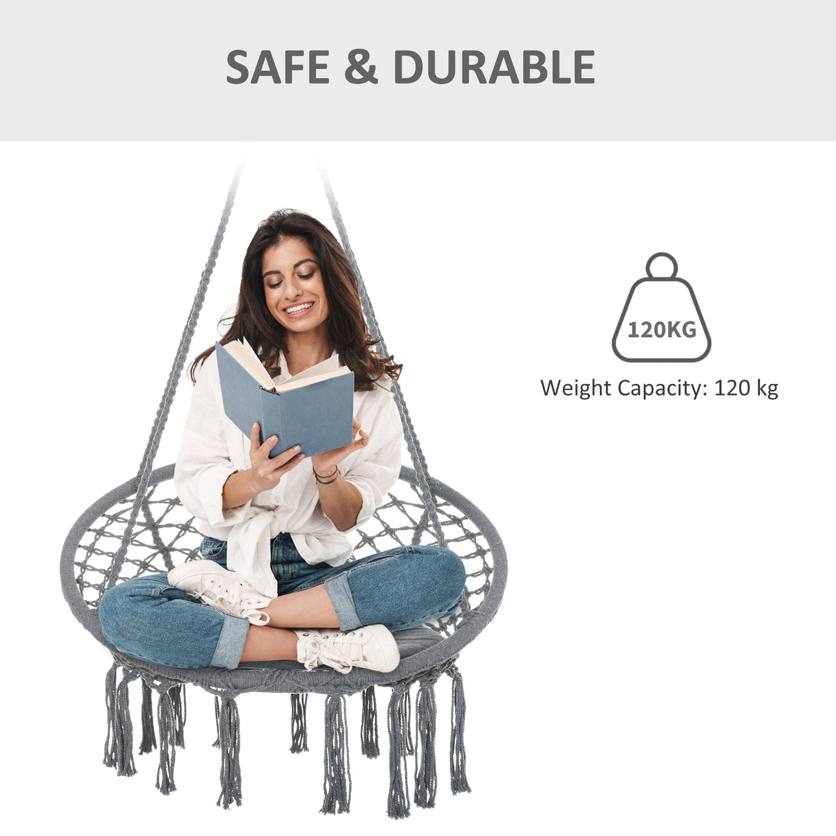 Patio Hammock Chair, Hanging Rope Hammock Swing for Indoor & Outdoor Use with Backrest, Cotton-Polyester Blend, Fringe Tassels, Cream White