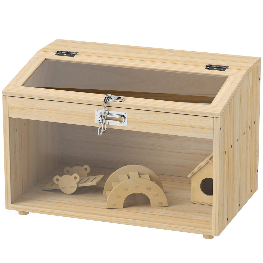 22"L Hamster Cage with Openable Top & Acrylic Windows, Small Animal Cage with Hut, Seesaw, Ladder, Natural Wood