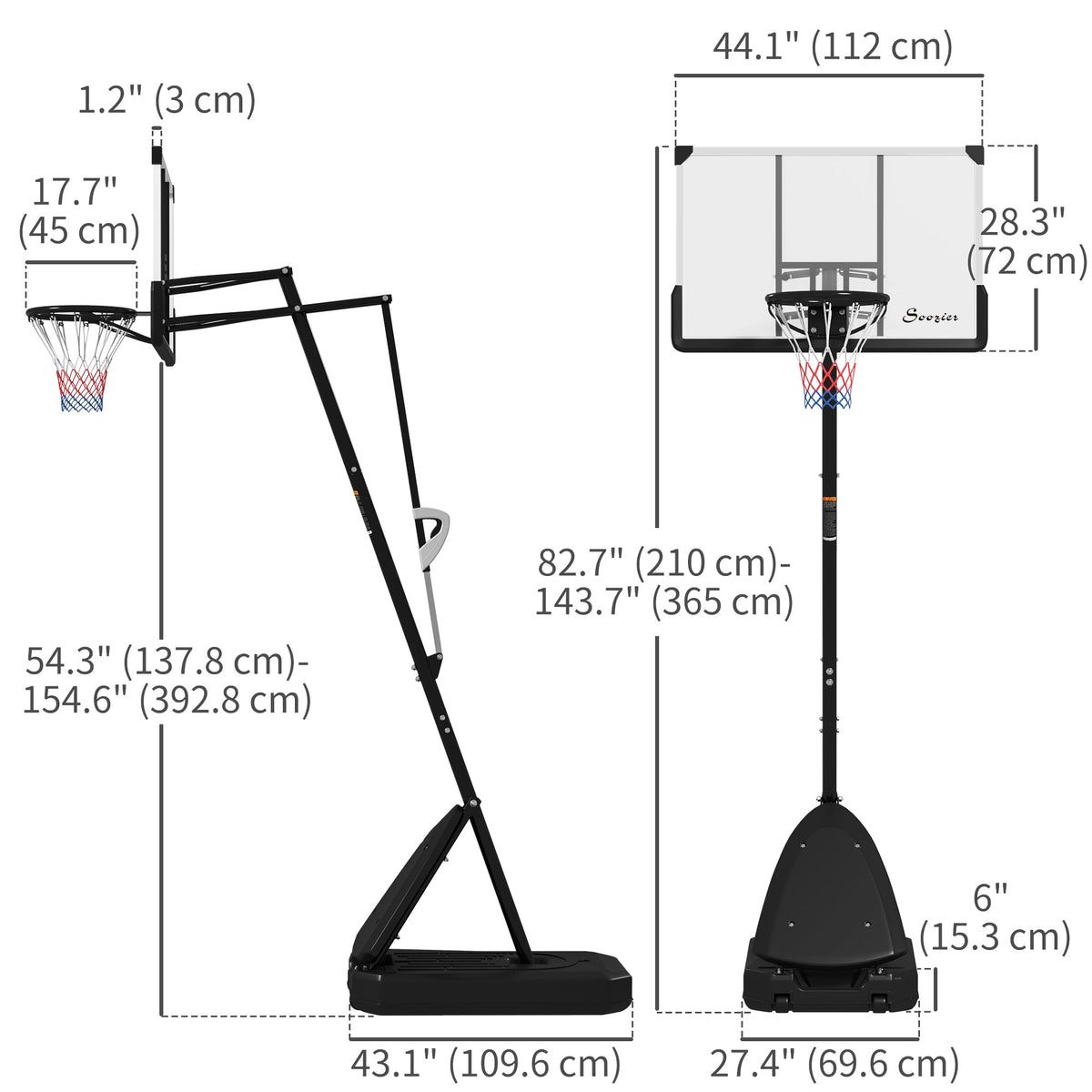 Basketball Hoop Outdoor, 4.9-10ft Portable Basketball Goal with 44" Shatterproof Backboard, Rebound System, Wheels