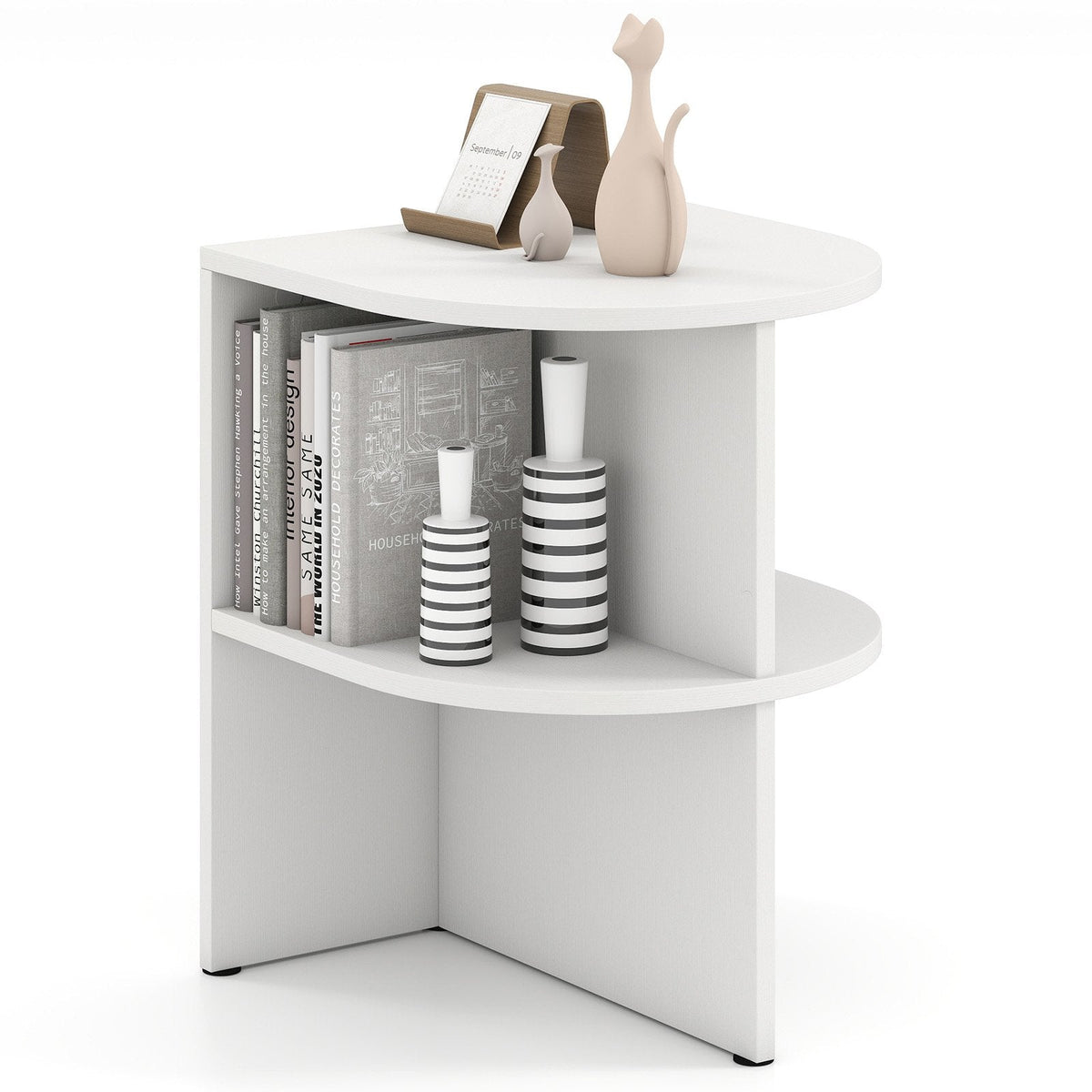 Half Round End Table with Open Shelves for Small Space-White