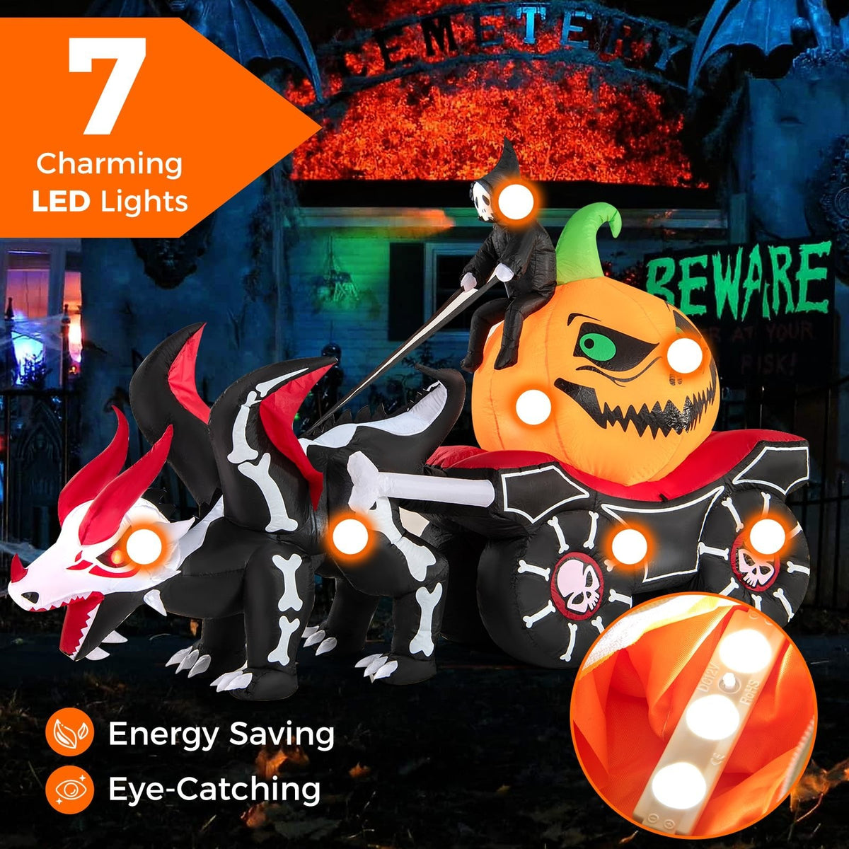 Halloween Inflatable LED Lighted Carriage with Pumpkin and Skeleton Dragon