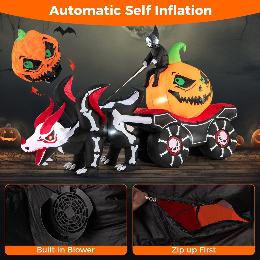 Halloween Inflatable LED Lighted Carriage with Pumpkin and Skeleton Dragon