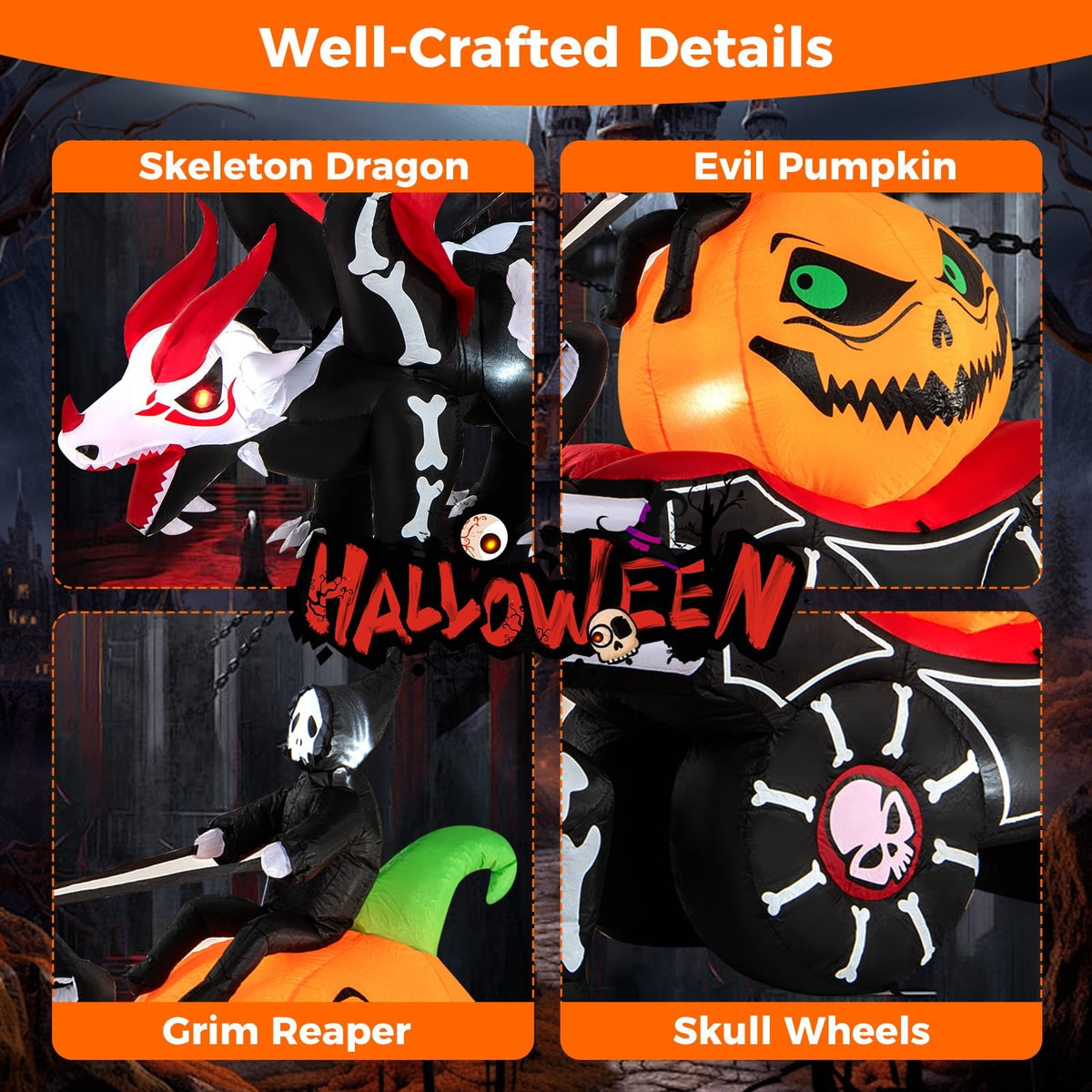 Halloween Inflatable LED Lighted Carriage with Pumpkin and Skeleton Dragon