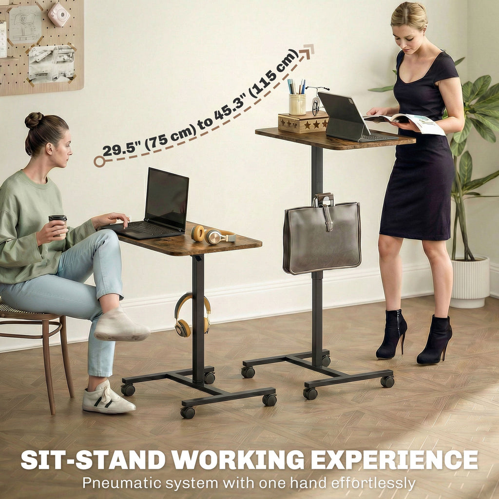 Height Adjustable Standing Desk, Pneumatic Sit Stand Desk with Wheels and Headphone Hook, Grey Wood Grain