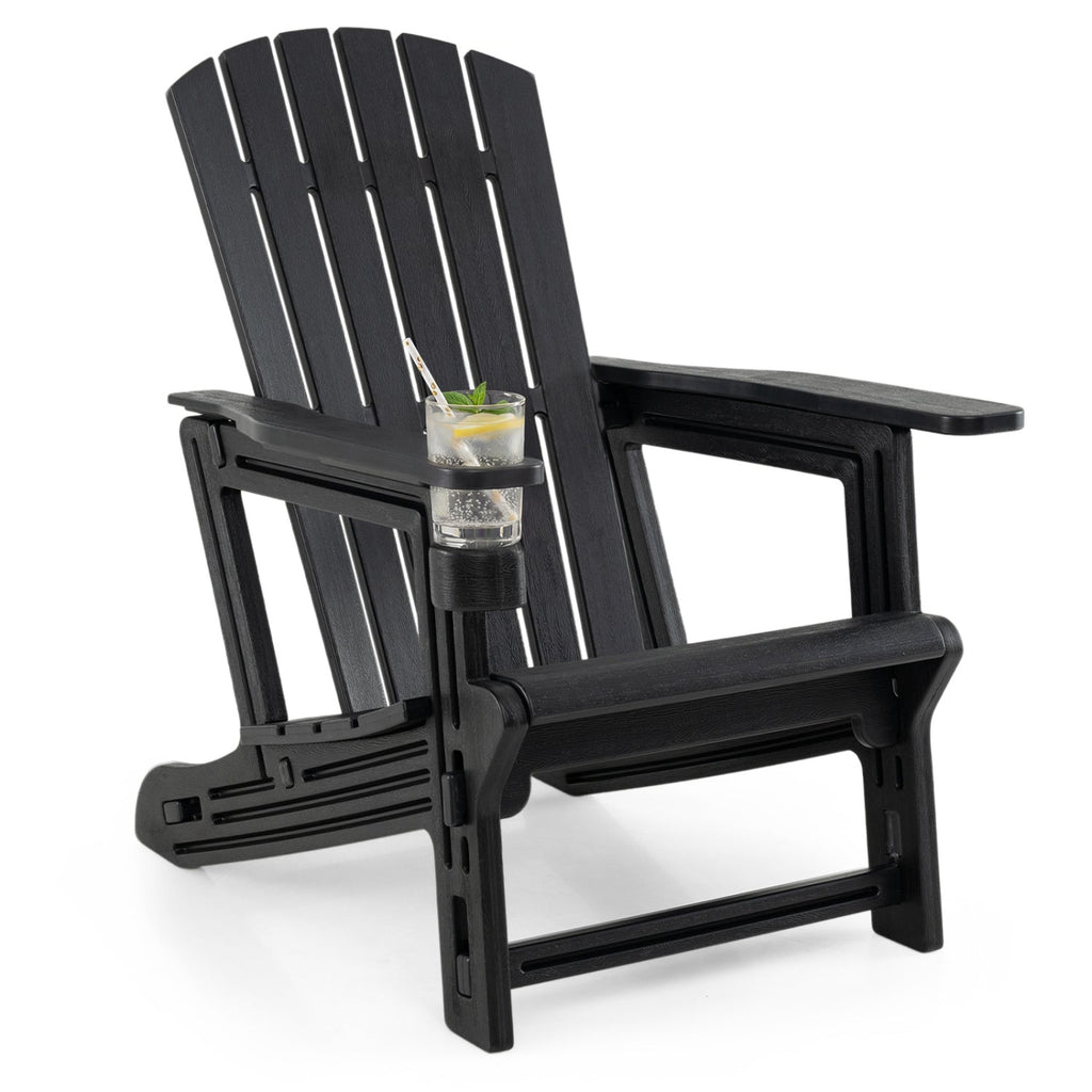 HDPE Adirondack Chair with Cup Holder and Wooden Texture for Patio-Black