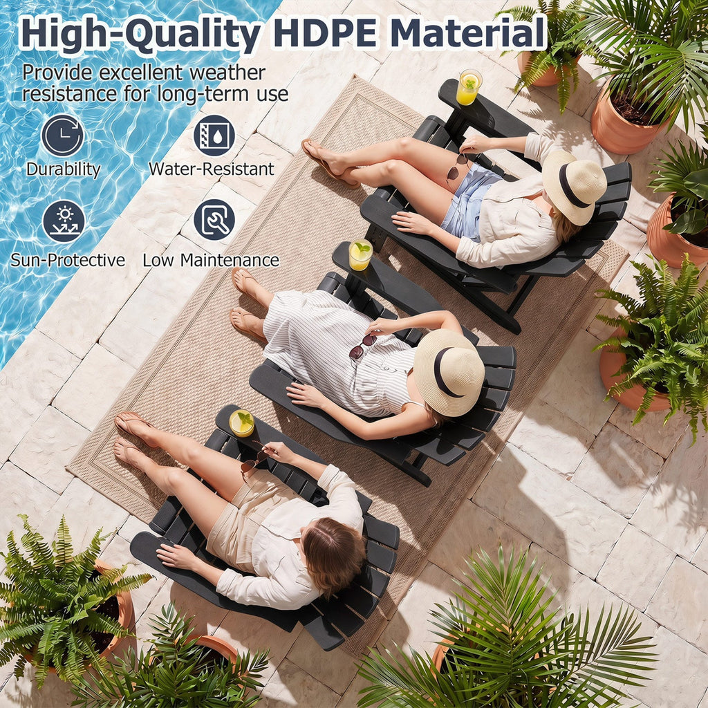 HDPE Adirondack Chair with Cup Holder and Wooden Texture for Patio-Black